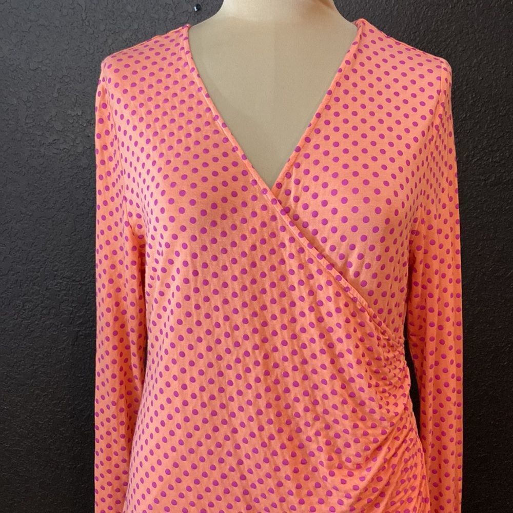 Soft Surroundings orange‎ and pink polka dot v neck asymmetrical ruched top